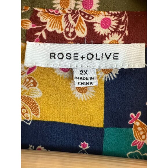 Rose + Olive Women's Button Up Collared Dressy Floral Blouse 2X Boho 3/4 Sleeves - Picture 3 of 11